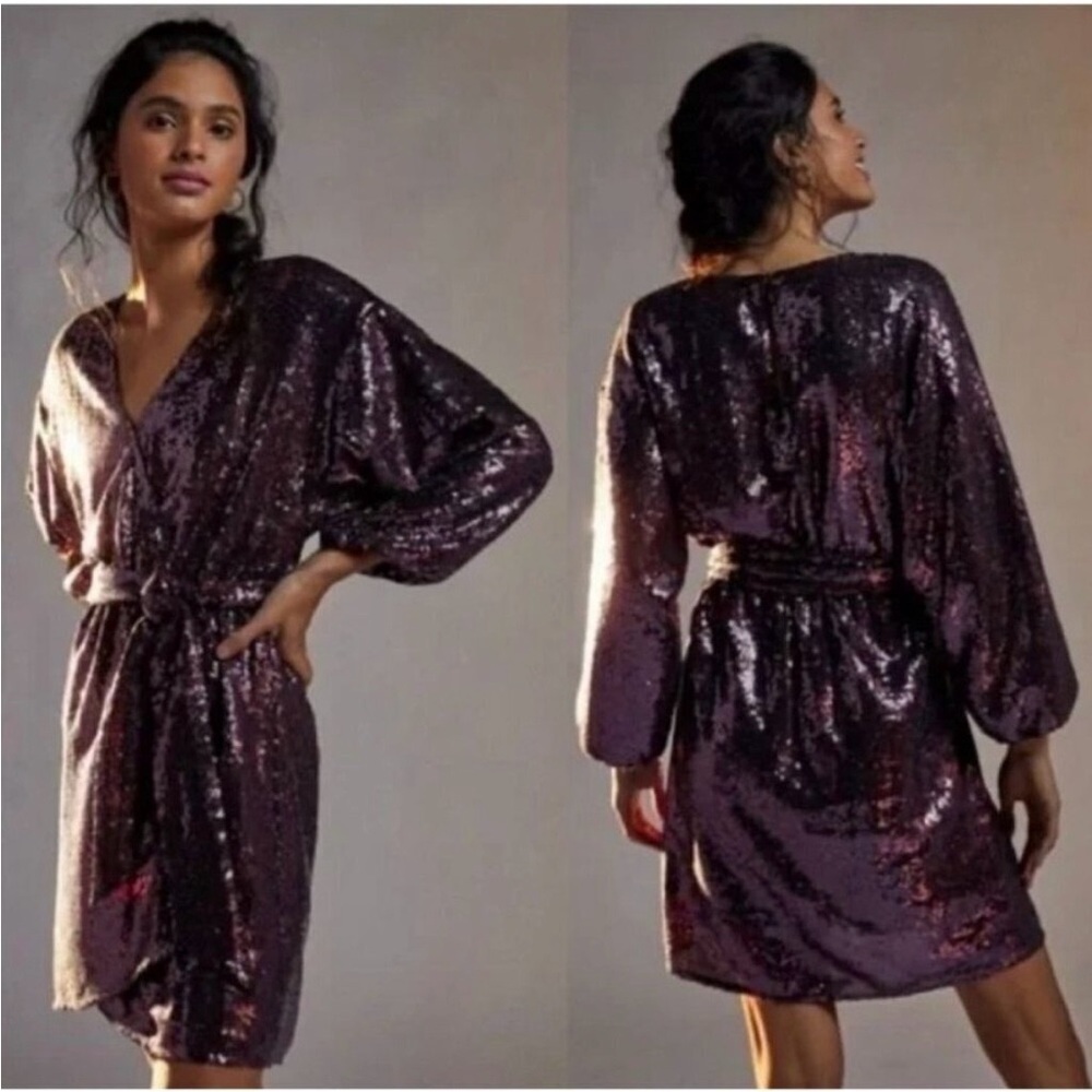 Like new Anthropologie Lisabette Purple Sequin Wrap Long Sleeve Mini Dress M